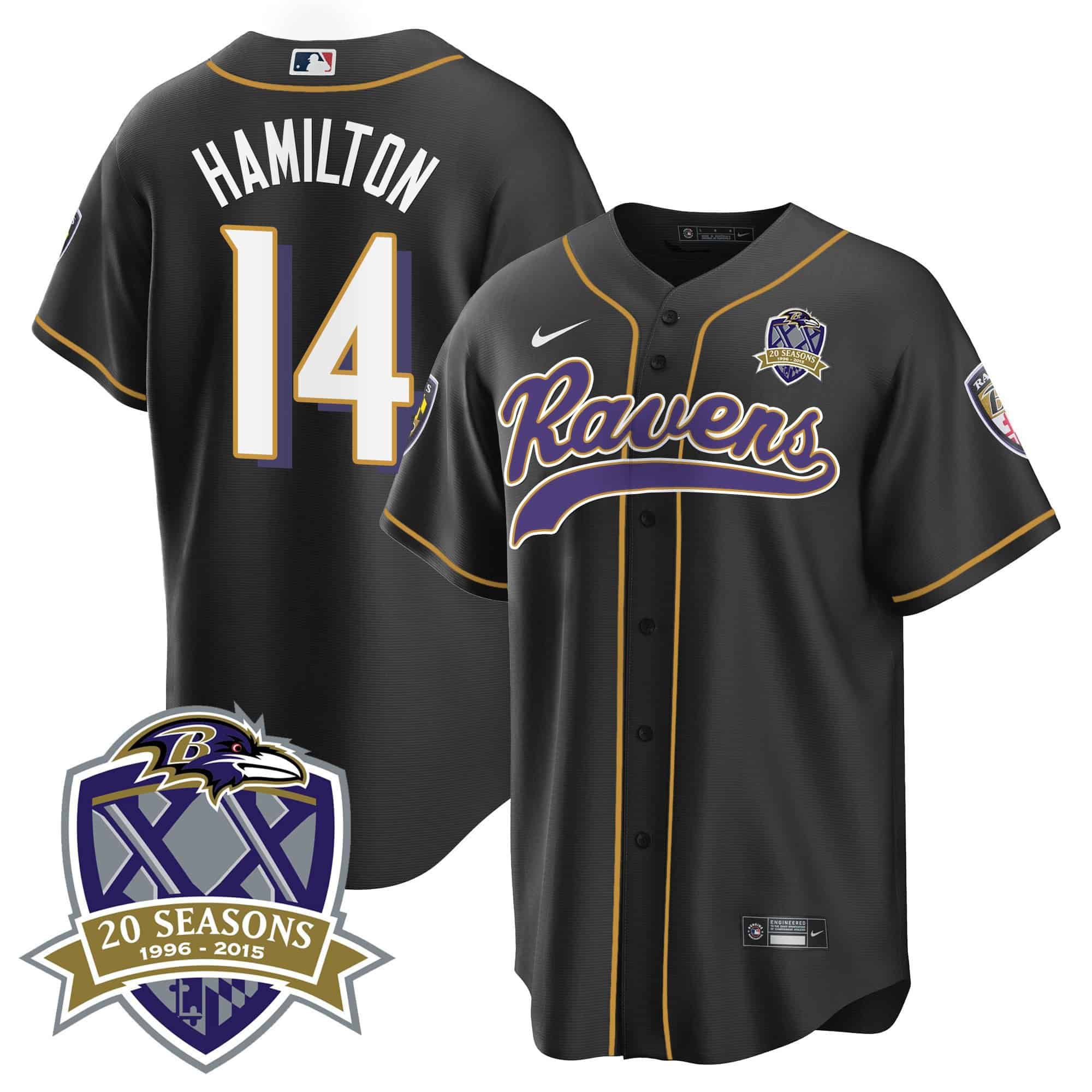 Men Baltimore Ravens #14 Hamilton Black 2024 Nike 20th Season Patch Baseball NFL Jersey style 1